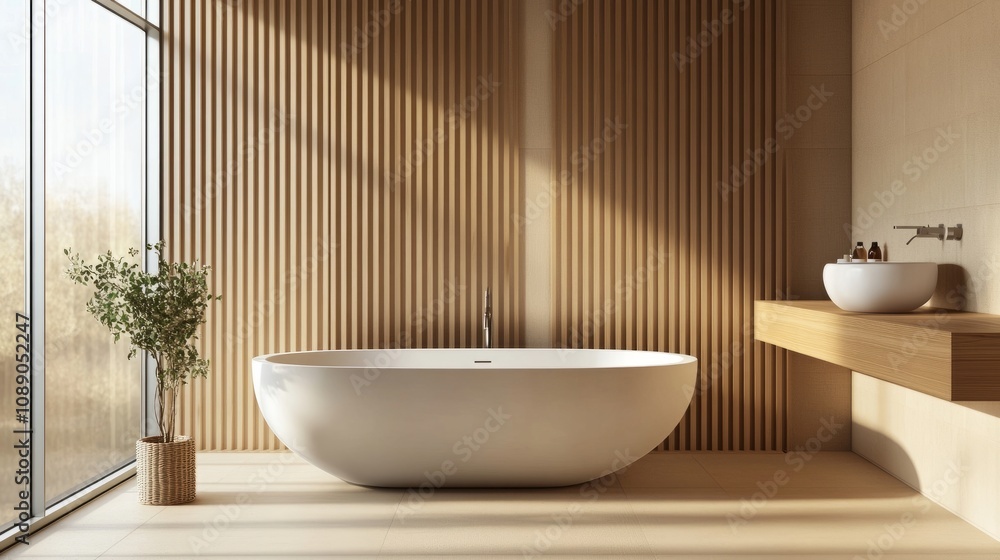 Stylish beige bathroom with a sleek sink, minimalist tub, wooden slats, and a panoramic window, blending modern luxury with natural aesthetics. Stylish beige bathroom with a sleek sink, minimalist tub, wooden slats, and a panoramic window, blending modern luxury with natural aesthetics.
