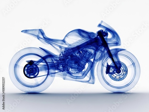 A blue motorcycle is shown in a 3D rendering photo