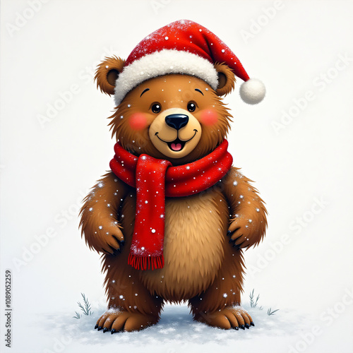 Bear wear chistmas hat and red scarf