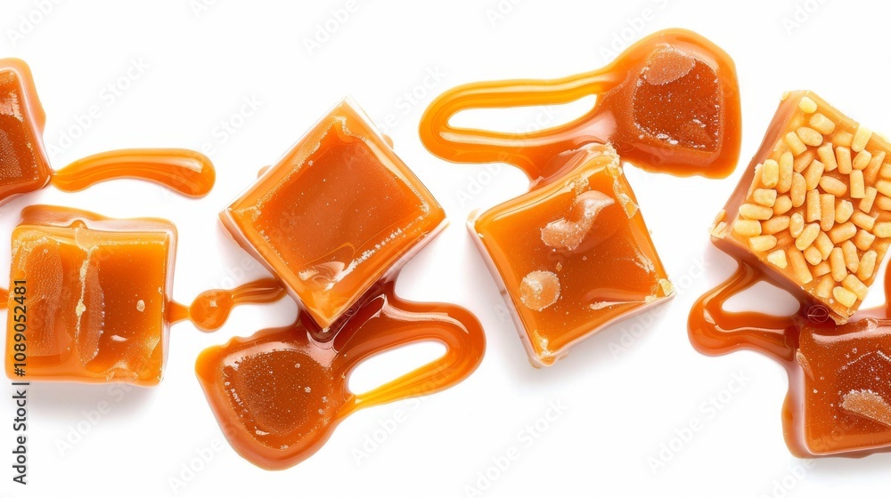Set of delicious caramel candies with sauce on white background, top view. Set of delicious caramel candies with sauce on white background, top view.
