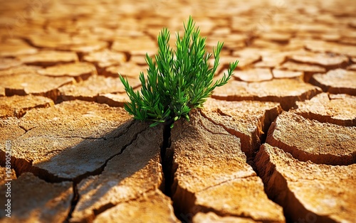 Dried, cracked earth with a green bush growing from cracks, symbol of hope, survival, and resilience amidst climate change, environmental challenges photo