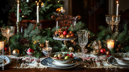 A festive table set with a Christmas feast, decorated with pine branches, candles, and sparkling ornaments.