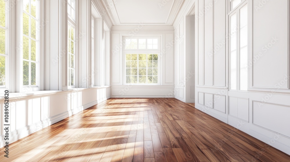 Obraz premium A large room with white walls and wooden floors. There are two windows in the room. The room is empty and has a lot of natural light