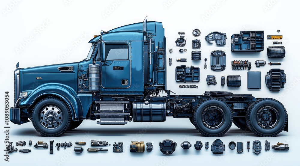 Exploded view of a semi-truck, showcasing its numerous components and parts. Exploded view of a semi-truck, showcasing its numerous components and parts.