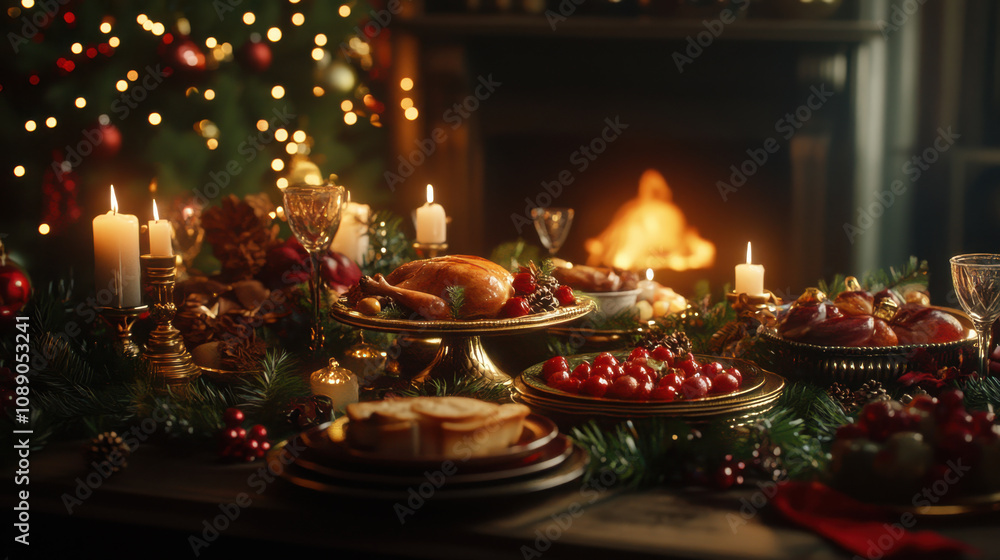 A festive table set with a Christmas feast, decorated with pine branches, candles, and sparkling ornaments. A festive table set with a Christmas feast, decorated with pine branches, candles, and sparkling ornaments.