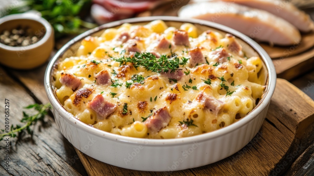 A white bowl of macaroni and cheese with meat and herbs. The macaroni is cooked and the cheese is melted A white bowl of macaroni and cheese with meat and herbs. The macaroni is cooked and the cheese is melted