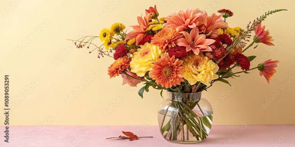 Fototapeta premium Vibrant autumnal flowers in a vase on a soft yellow and pale pink background, vase centerpiece, flower arrangement, seasonal bouquet, autumn floral arrangement, pink flowers