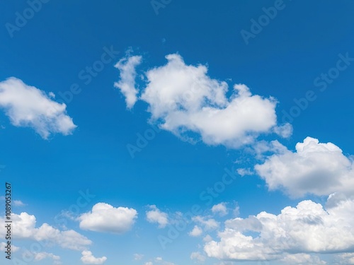 vast blue sky with fluffy white clouds floating gently across it, cloudy day, sunny weather, expansive view