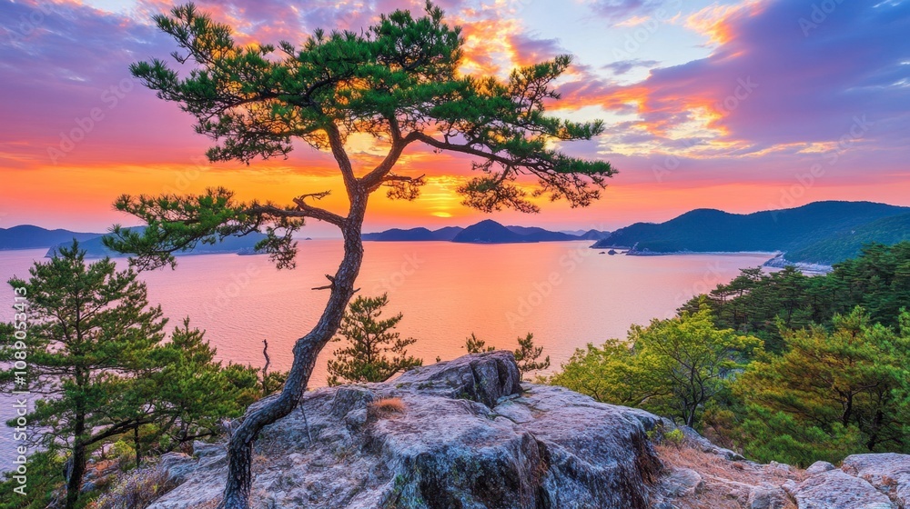 A Majestic Sunset Over Serene Waters with a Lone Tree Silhouetted Against Vibrant Sky and Calm Horizon Reflecting Colors of Nature's Beauty A Majestic Sunset Over Serene Waters with a Lone Tree Silhouetted Against Vibrant Sky and Calm Horizon Reflecting Colors of Nature's Beauty