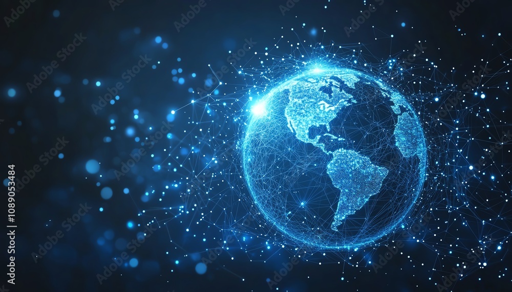 Obraz premium Planet Earth in digital form on technology background, blue glowing lights, network connections, global connectivity, futuristic tech concept