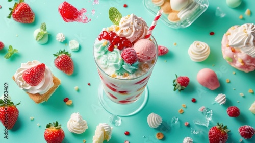 A green background with a cup of ice cream and a strawberry on top. There are also other desserts such as cupcakes and pastries