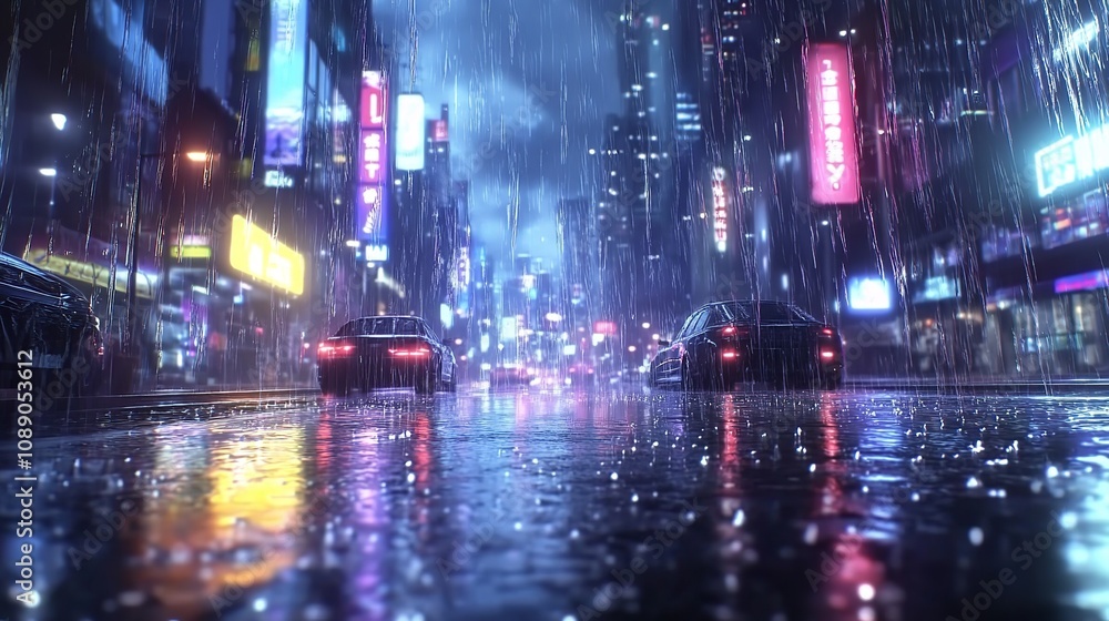 A futuristic highway during a rainstorm with sleek vehicles and illuminated road signs A futuristic highway during a rainstorm with sleek vehicles and illuminated road signs