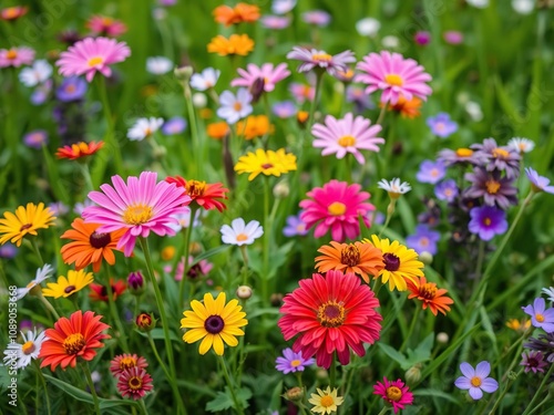 Vibrant flowers blooming in a lush green meadow, foliage, nature, petals