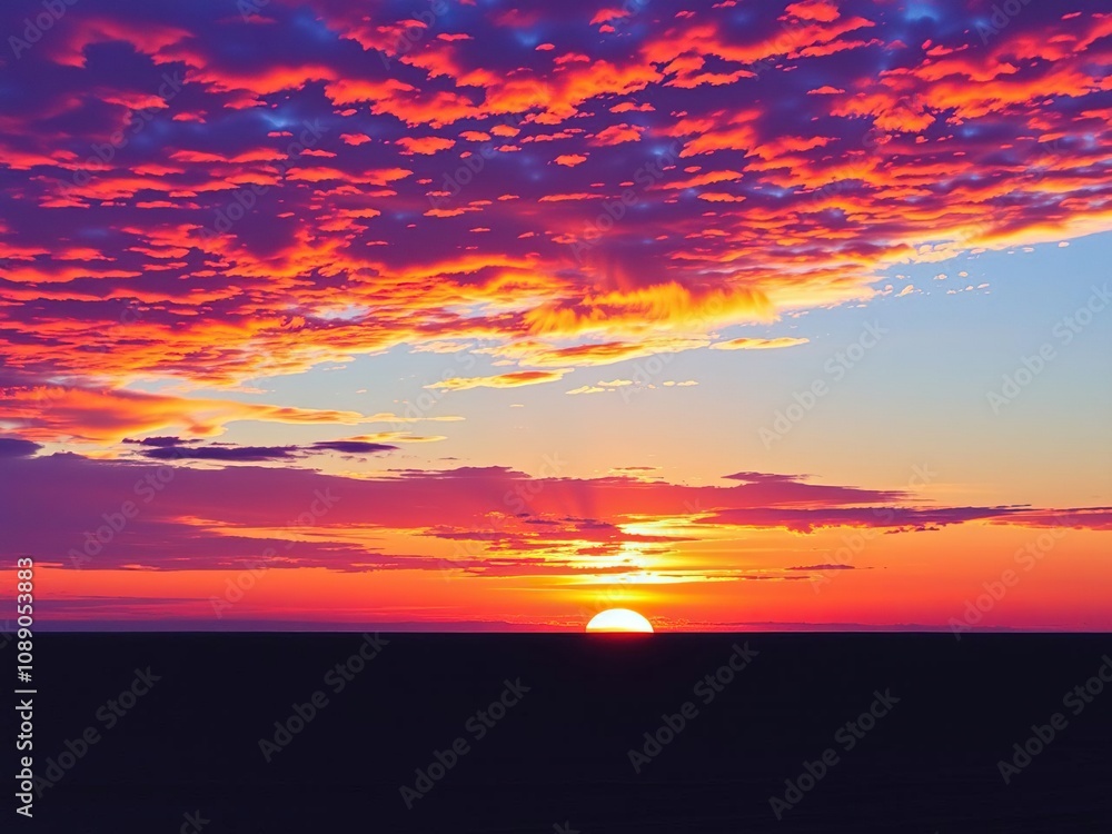 Fototapeta premium Vibrant oranges and purples dance across a canvas of deep blues as the sun dips below the horizon, abstract sky, gradient effect, warm hues