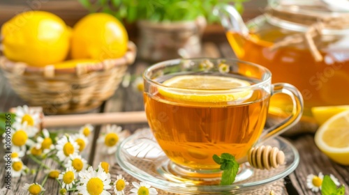 Chamomile herbal tea in a glass cup on a brown wooden table with honey, lemon and chamomile bouquet