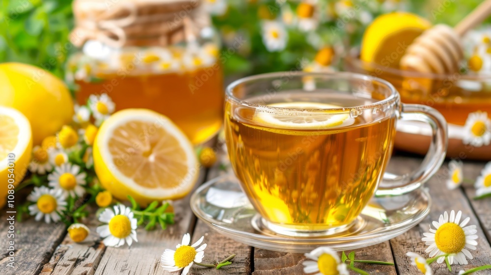 Chamomile herbal tea in a glass cup on a brown wooden table with honey, lemon and chamomile bouquet Chamomile herbal tea in a glass cup on a brown wooden table with honey, lemon and chamomile bouquet