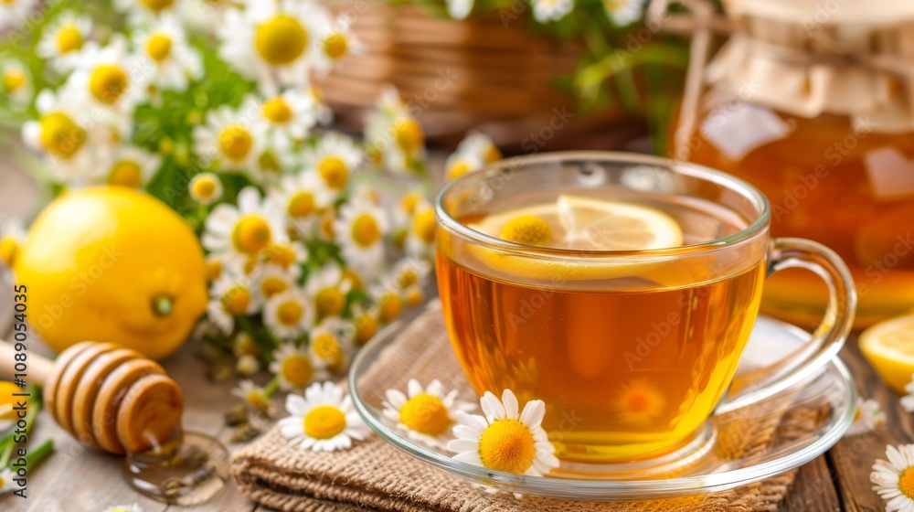 Chamomile herbal tea in a glass cup on a brown wooden table with honey, lemon and chamomile bouquet Chamomile herbal tea in a glass cup on a brown wooden table with honey, lemon and chamomile bouquet