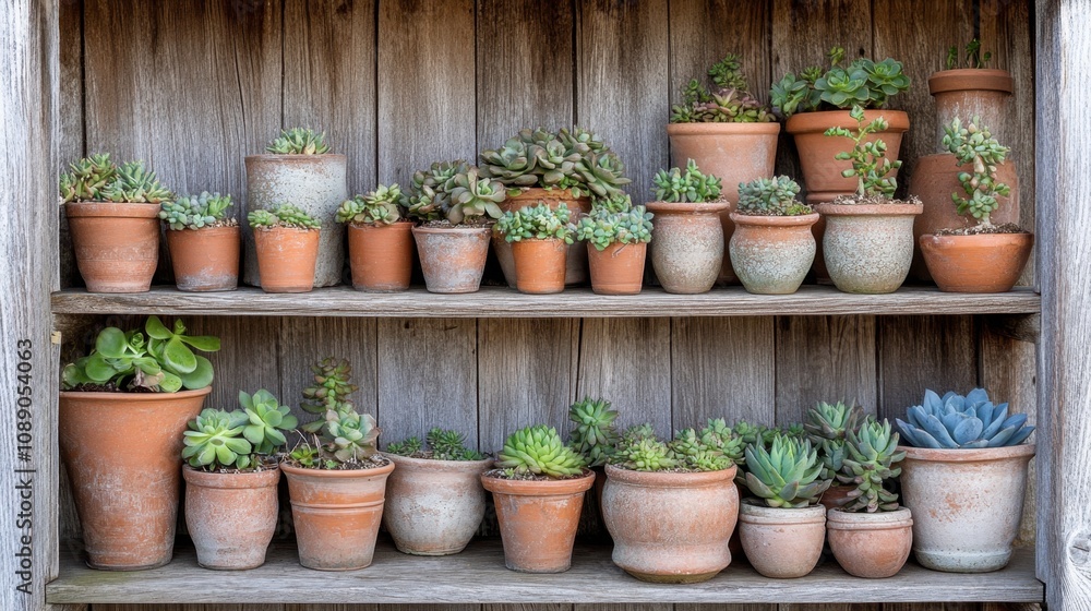 A Beautiful Display of Diverse Succulent Plants in Terracotta Pots on a Rustic Wooden Shelf, Showcasing Nature's Varied Textures and Colors A Beautiful Display of Diverse Succulent Plants in Terracotta Pots on a Rustic Wooden Shelf, Showcasing Nature's Varied Textures and Colors