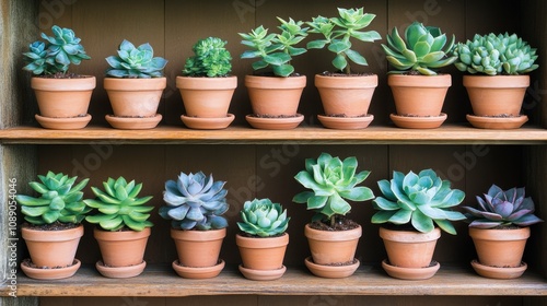 Wallpaper Mural Assorted Succulents in Terra Cotta Pots on a Wooden Shelf, Showcasing Different Shapes and Shades of Green in a Natural Home Decor Setting Torontodigital.ca