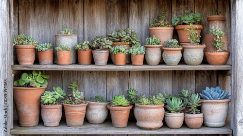 A Beautiful Display of Diverse Succulent Plants in Terracotta Pots on a Rustic Wooden Shelf, Showcasing Nature's Varied Textures and Colors