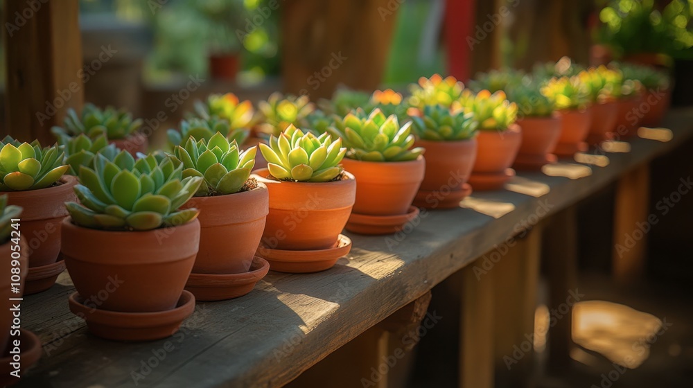 Serene Succulent Garden: Beautiful Rows of Greenery in Terracotta Pots Captured in Soft Natural Light for an Inviting and Tranquil Atmosphere Serene Succulent Garden: Beautiful Rows of Greenery in Terracotta Pots Captured in Soft Natural Light for an Inviting and Tranquil Atmosphere
