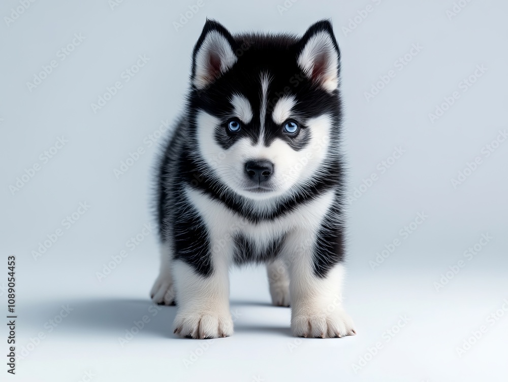A black and white husky puppy with blue eyes standing on a white surface A black and white husky puppy with blue eyes standing on a white surface