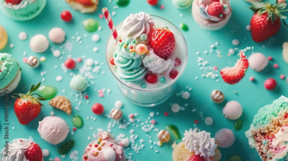 A green background with a cup of ice cream and a strawberry on top. There are also other desserts such as cupcakes and pastries A green background with a cup of ice cream and a strawberry on top. There are also other desserts such as cupcakes and pastries