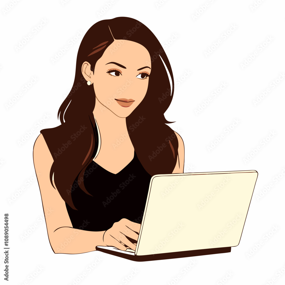 Young woman working on a laptop with focused expression, dressed in casual attire Young woman working on a laptop with focused expression, dressed in casual attire