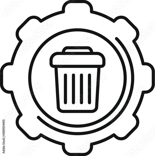 Simple black and white line art icon of a trash can inside a gear, symbolizing system cleaning or data removal