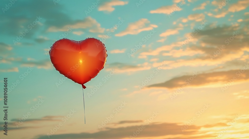 Obraz premium Heart Shaped Balloon Floating High in Glowing Sunset Sky Symbolizing the Lightness and Joy of Love