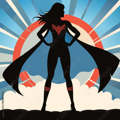 Powerful silhouette of a female superhero with a cape against a vibrant background
