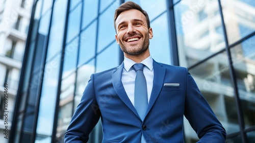 Low angle view of a businessman standing confidently against a modern building in the city, showcasing professionalism, business attire, and urban lifestyle in a corporate environment