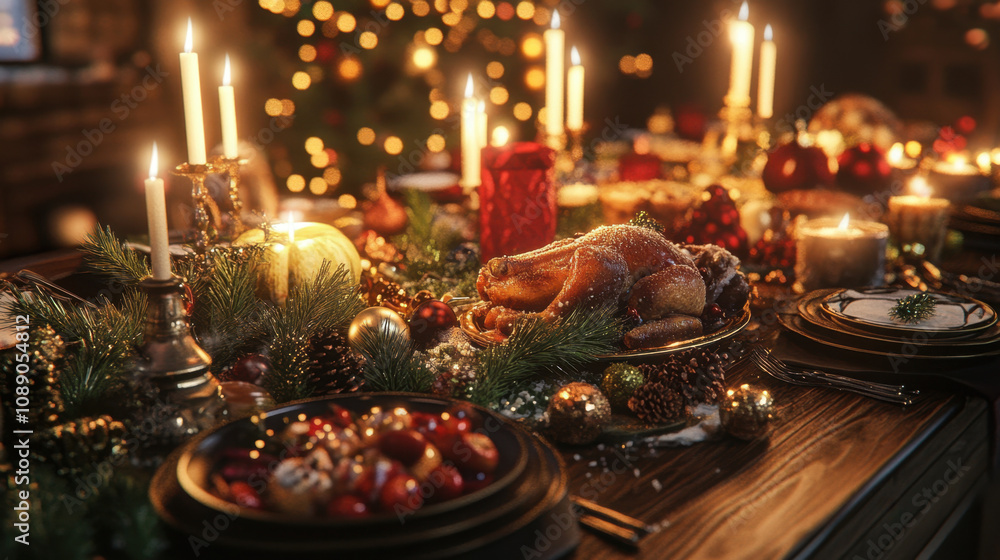 A festive table set with a Christmas feast, decorated with pine branches, candles, and sparkling ornaments. A festive table set with a Christmas feast, decorated with pine branches, candles, and sparkling ornaments.