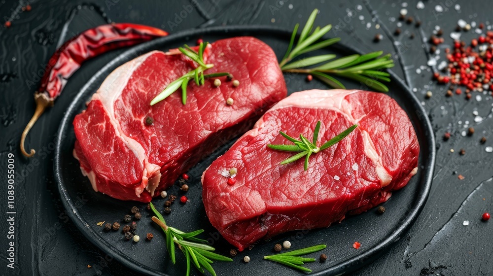Two raw beef steaks with spices on a plate Two raw beef steaks with spices on a plate