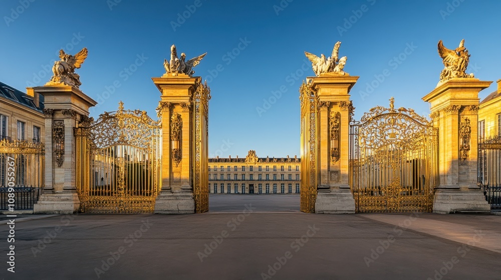 Obraz premium Golden Gates of Magnificence: The Majestic Entrance to the Palace of Versailles in Morning Light Capturing History and Architectural Grandeur
