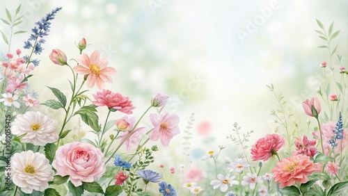 Watercolor floral pattern featuring a mix of realistic and whimsical elements, patterns, colorful