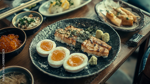 Grilled salmon served with soft boiled eggs and traditional Japanese sides on a wooden table