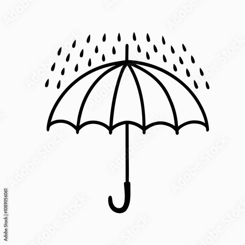 Simple line drawing of umbrella with falling rain. Minimalist black illustration shows protective canopy and curved handle on white background. Concept: weather protection, insurance services