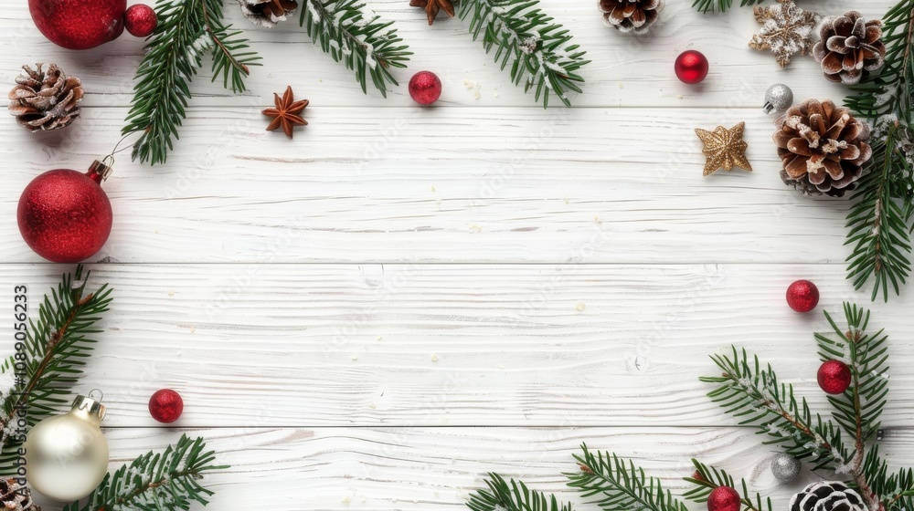Christmas decor with copy space on white wooden background Christmas decor with copy space on white wooden background