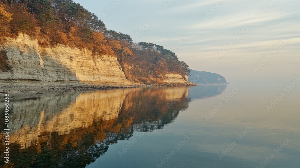 Serene Autumn Landscape with Reflection of Cliffs and Trees Along Calm Water Body at Dawn, Capturing the Tranquility of Nature’s Canvas Serene Autumn Landscape with Reflection of Cliffs and Trees Along Calm Water Body at Dawn, Capturing the Tranquility of Nature’s Canvas