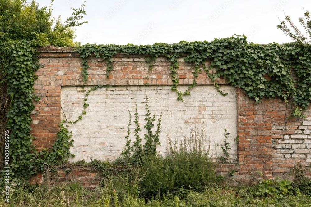 Weathered brick wall with vines and shrubs, untamed, outdoor landscape Weathered brick wall with vines and shrubs, untamed, outdoor landscape