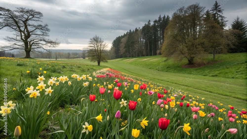 a lush green field filled with vibrant tulips and daffodils, nature scene, green grass, blooming flowers a lush green field filled with vibrant tulips and daffodils, nature scene, green grass, blooming flowers