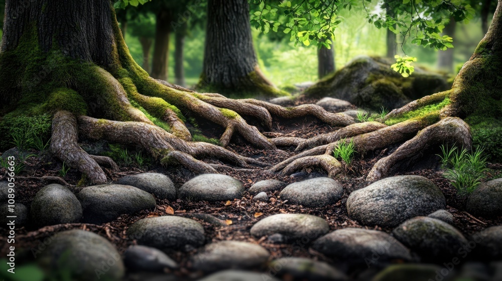 Fototapeta premium Tranquil Forest Landscape with Tree Roots and Stones, Capturing the Serenity of Nature's Beauty and the Intricacy of the Ground Below in a Lush Green Setting