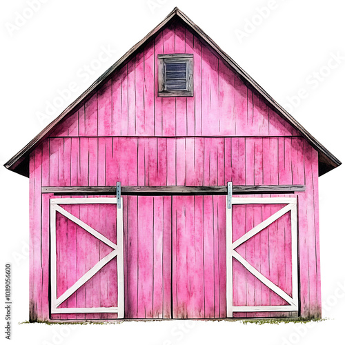 Vibrant Pink Barn in Watercolor Style Illustration