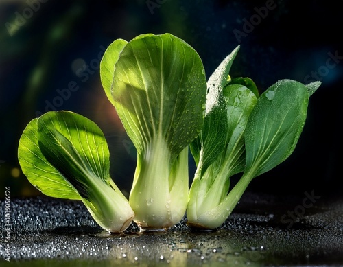 fresh dewy bok choy vegetables with glowing light and water droplets