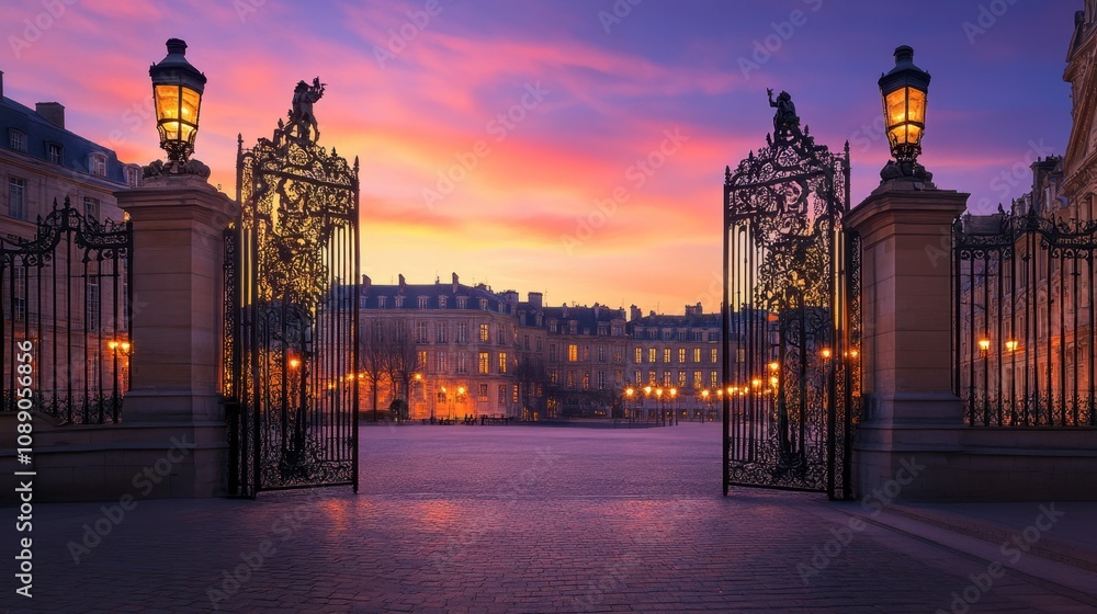 Naklejka premium Majestic Entrance of Historical Gates at Twilight with Stunning Sunset Over a Grand Square and Illuminated Buildings in the Background