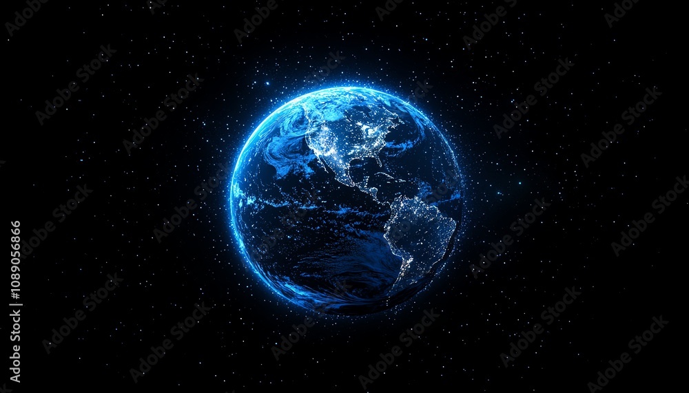 Obraz premium Digital Earth planet with global connectivity, network background, blue glowing light effect, technological world, global communication and data flow