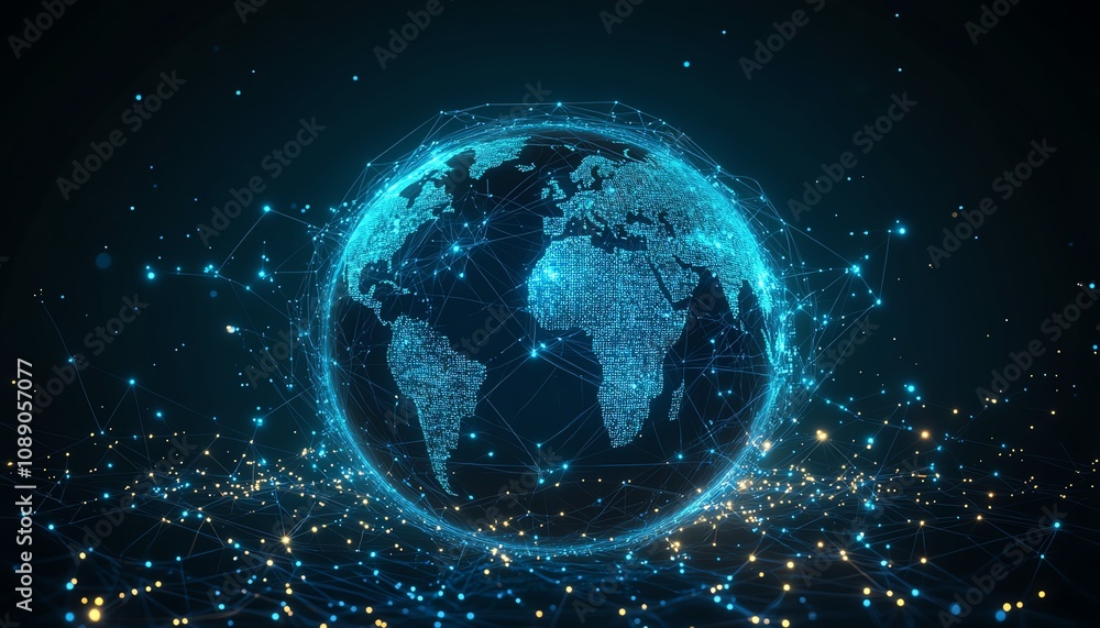 Obraz premium Digital Earth planet with global connectivity, network background, blue glowing light effect, technological world, global communication and data flow