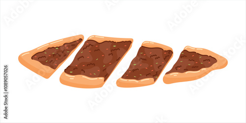 Turkish traditional food, cut meat flatbread pide with beef and vegetables. Vector isolated on white flat illustration.