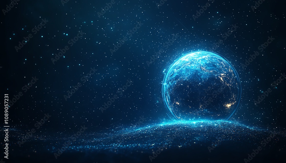 Fototapeta premium Digital planet Earth on technology background, network and global connectivity concept, blue glowing light effect, futuristic world, technological innovation